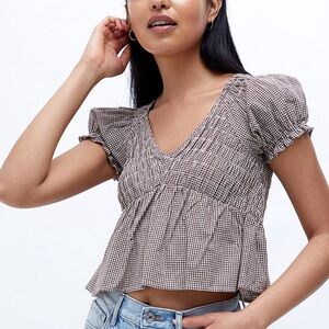 PACSUN PLAID BROWN-WHITE BABY DOLL TOP WITH PUFFY SLEEVES (size small)